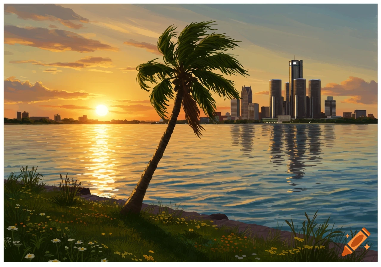 Vibrant digital painting of a sunset over a river with a palm tree in the foreground and a city skyline in the background.