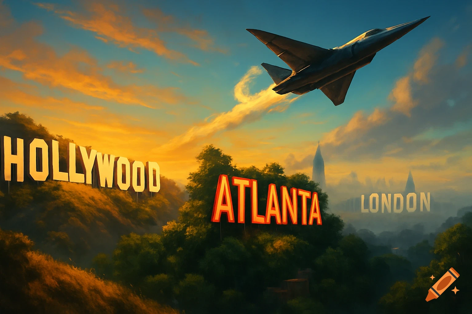 A jet plane flies over hills with large "HOLLYWOOD" and "ATLANTA" signs, and a distant "LONDON" sign under an orange and blue sky.