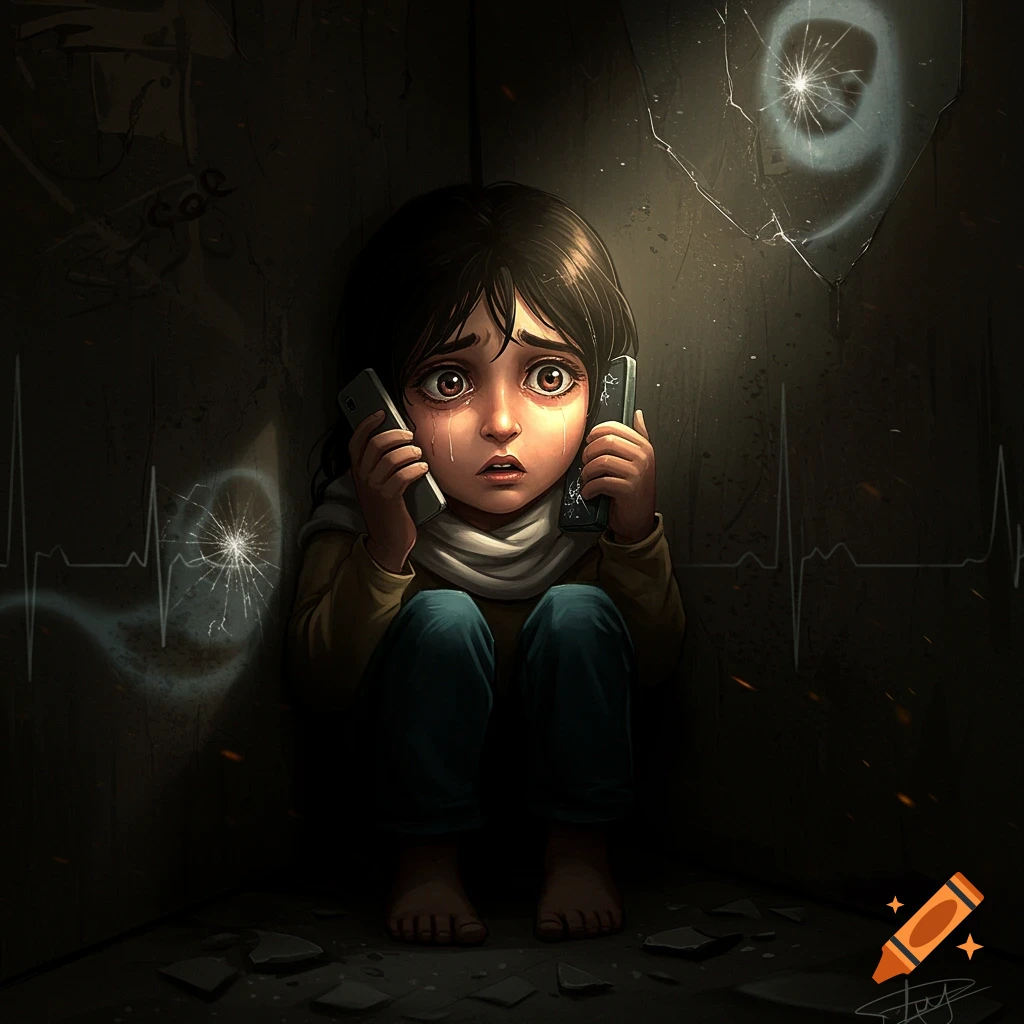 A crying child sits in a dark, cracked room, holding two phones to their ears. Broken glass lies on the floor, and a faint heartbeat line is visible on the wall.
