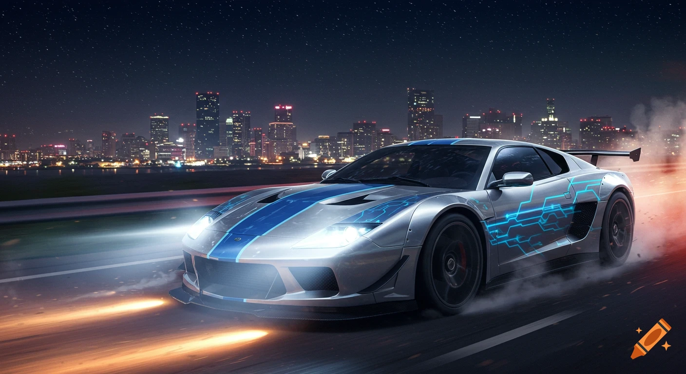 A silver sports car with blue racing stripes and glowing circuit patterns speeds down a highway at night, with a city skyline in the background.