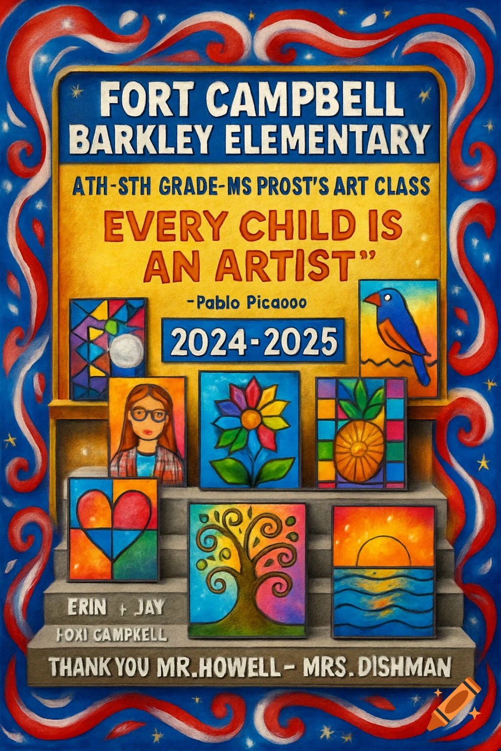 A colorful school art poster featuring various stylized artwork on a staircase, framed by red, white, and blue patriotic swirls. Text advertises "Fort Campbell Barkley Elementary" and "Every Child is an Artist."