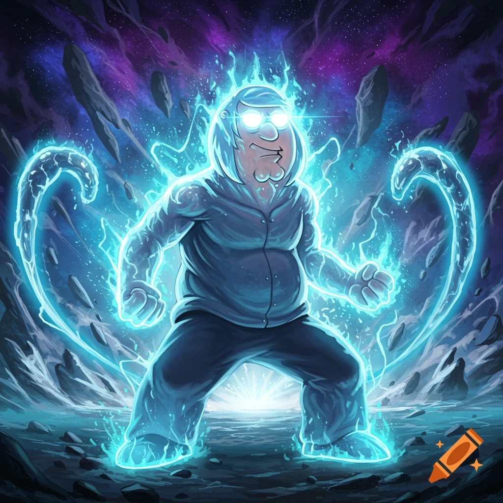 Peter Griffin, glowing with blue energy, stands powerfully in a cosmic landscape with floating rocks.