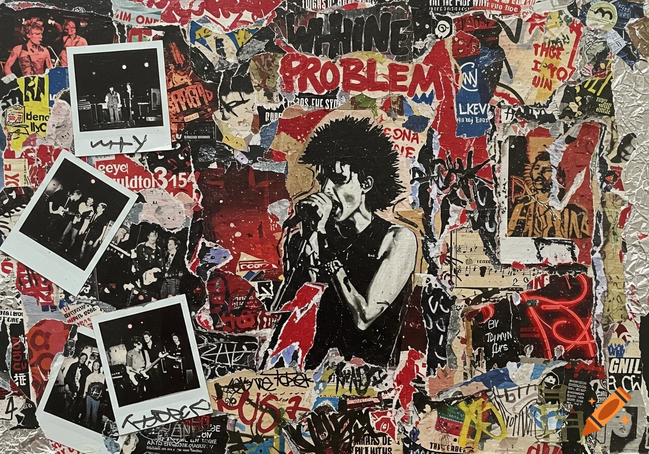 A vibrant multimedia collage in an alternative punk style, featuring a black and white singer, torn posters, graffiti, and polaroid band photos.