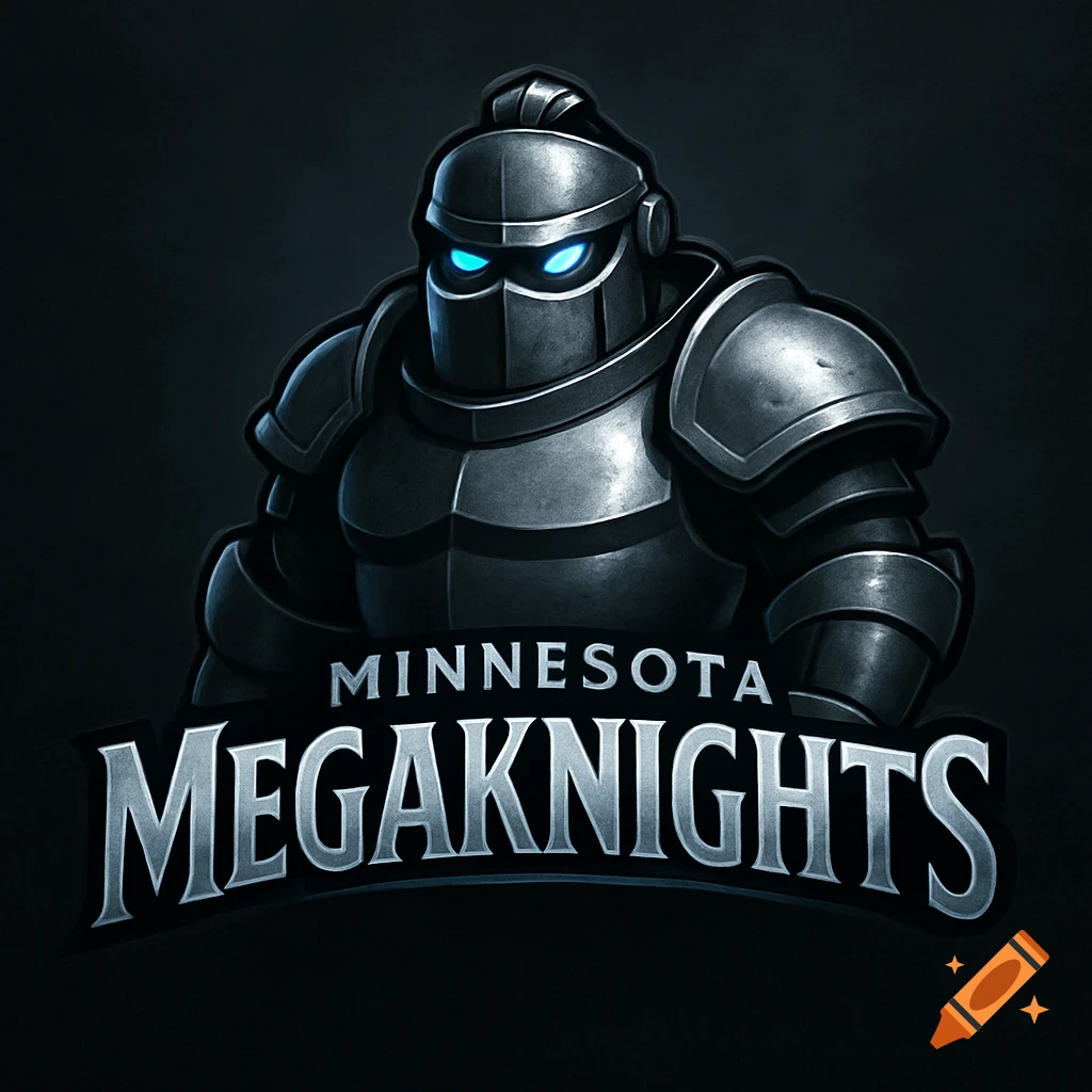 A logo of an armored knight with glowing blue eyes, above the curved text "MINNESOTA MEGAKNIGHTS" on a dark background.
