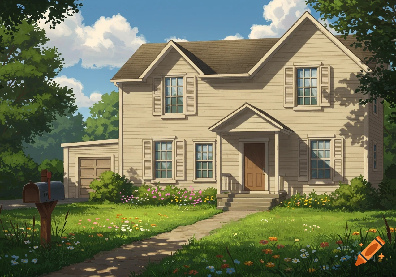 A beige colonial house with a brown roof and a front porch, surrounded by a green lawn with wildflowers and trees under a blue sky with clouds.