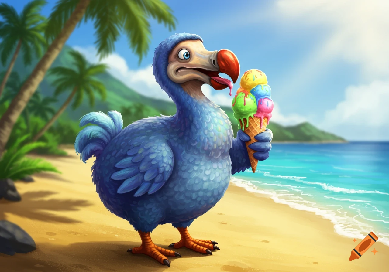 A cartoon dodo bird stands on a sunny beach, holding a large, colorful ice cream cone with multiple scoops and dripping syrup.