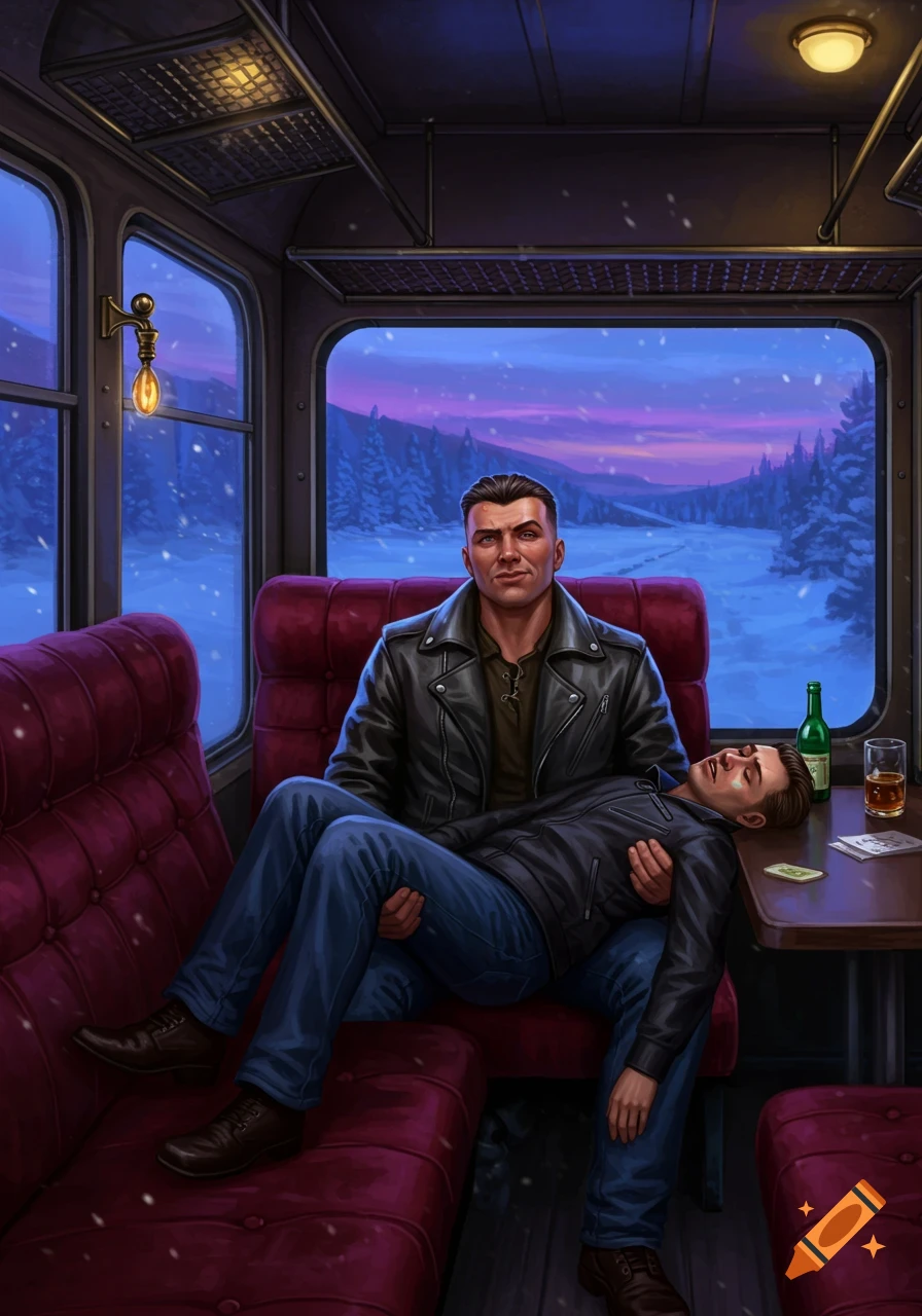 A man in a leather jacket holds a sleeping man on a train with a snowy landscape outside. Illustrated style.