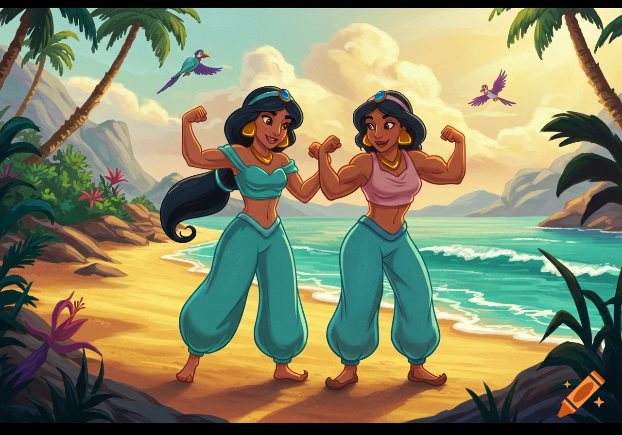 Cartoon image of two muscular women, resembling Jasmine and her mother, flexing their biceps on a sunny tropical beach.