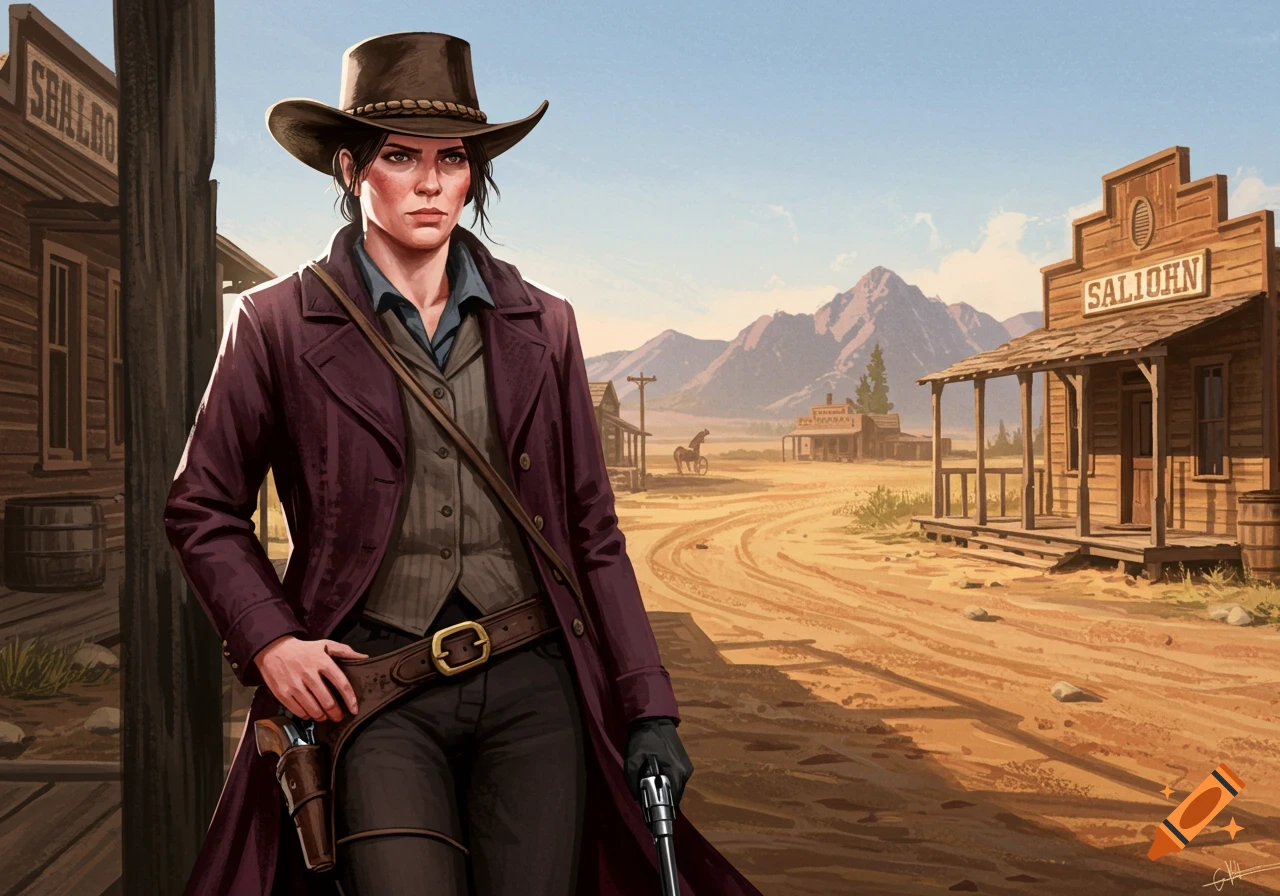 An illustrated woman in a cowboy hat and coat stands on a dusty old west street, holding a revolver.