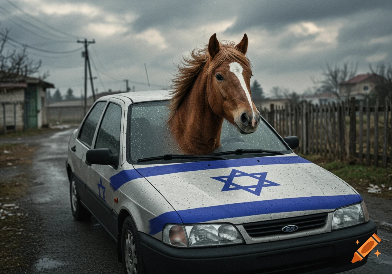 A brown horse with a white blaze emerges from the windshield of a white car, which has an Israeli flag painted on its hood, on a wet, overcast day in a rural setting.