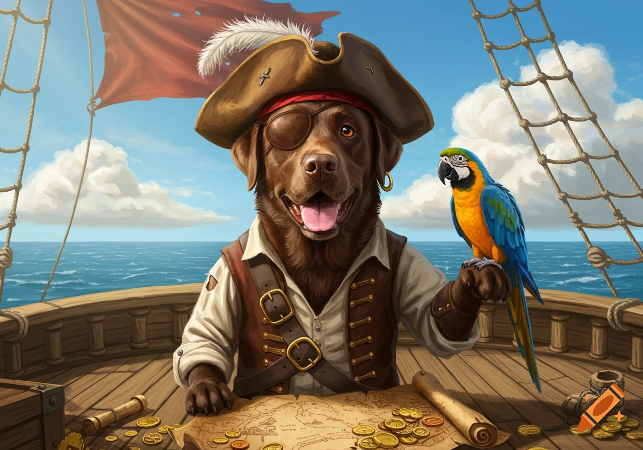 A chocolate Labrador dressed as a pirate, with an eye patch and hat, sits on a ship deck with a treasure map and a parrot.