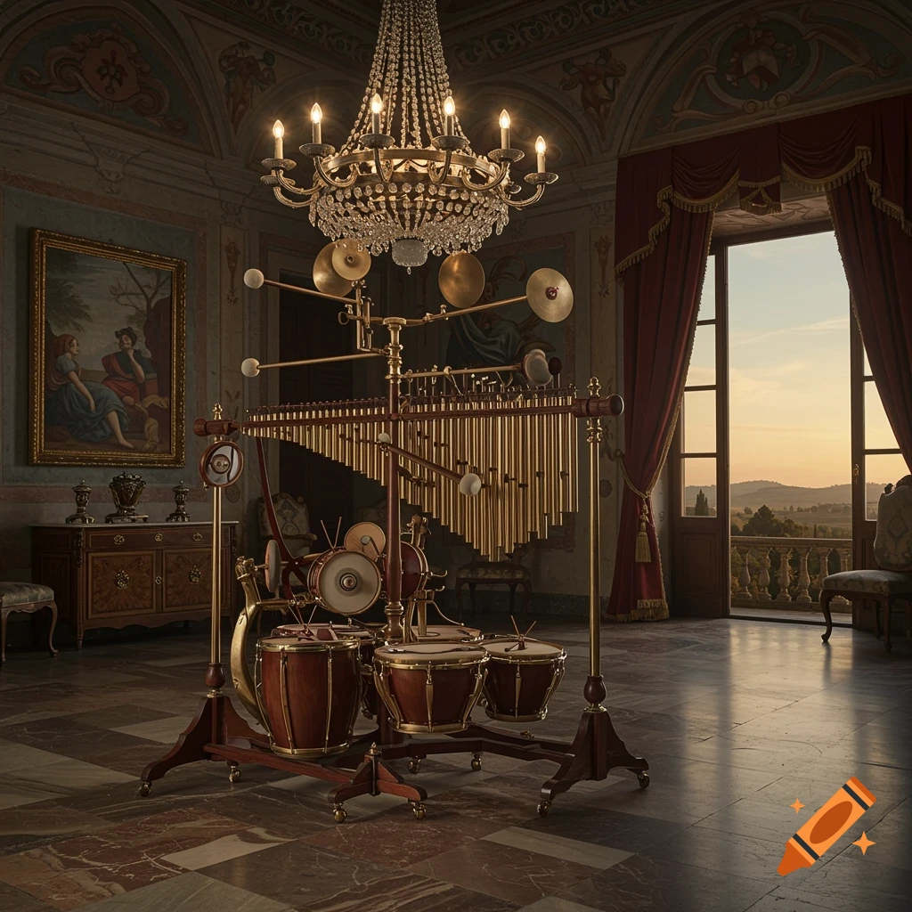 An ornate, antique musical instrument with chimes, drums, and cymbals in a grand room with a crystal chandelier and a balcony view.