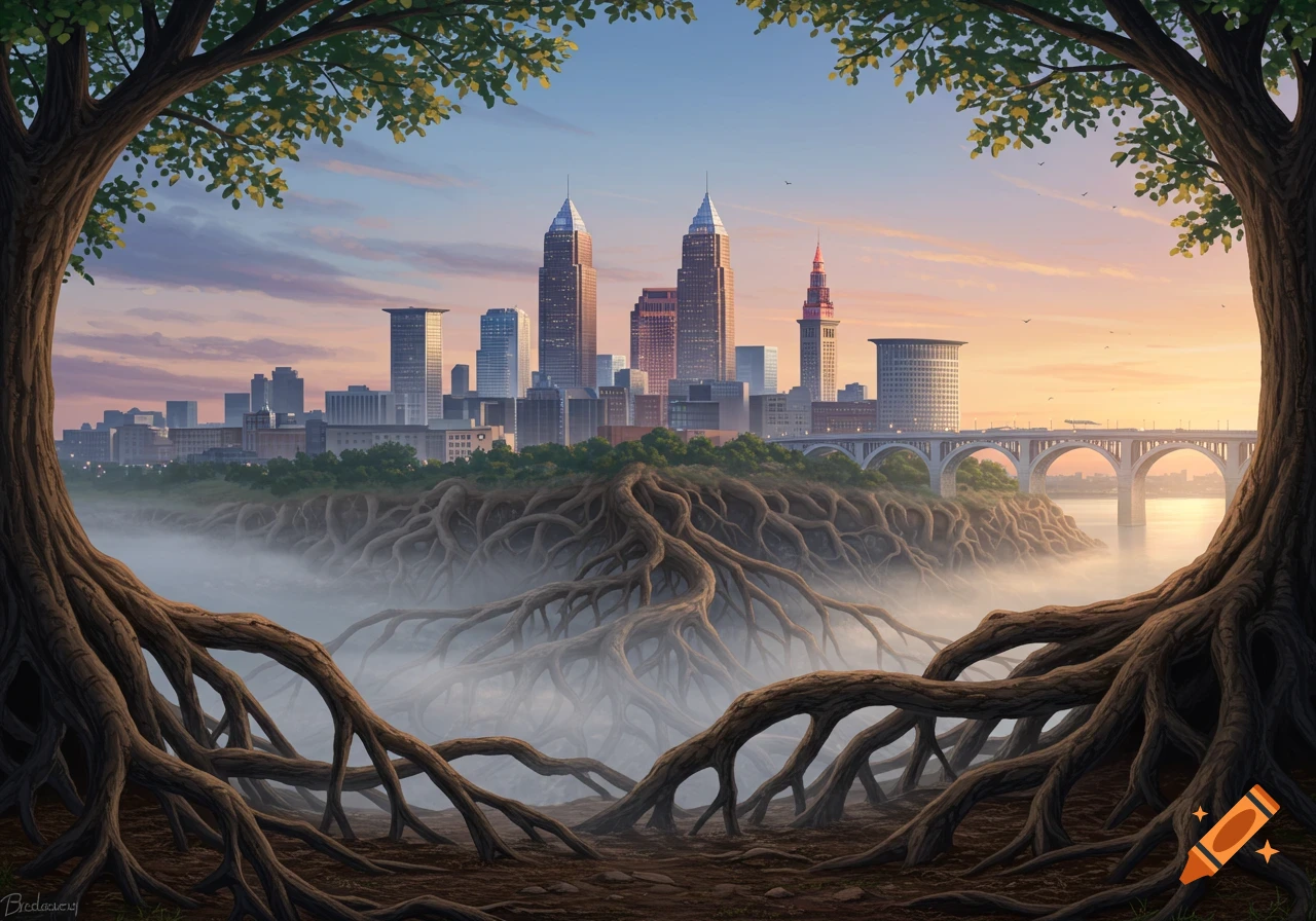 An illustrative view of the Cleveland skyline through a frame of large tree roots, with a bridge over misty water.