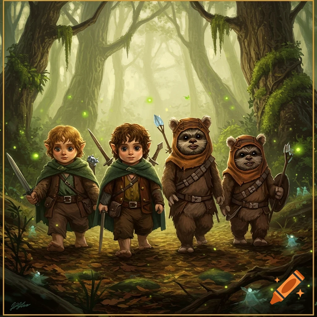 Two hobbits and two Ewoks walk through an enchanting mossy forest with glowing sprites in an illustrative style.