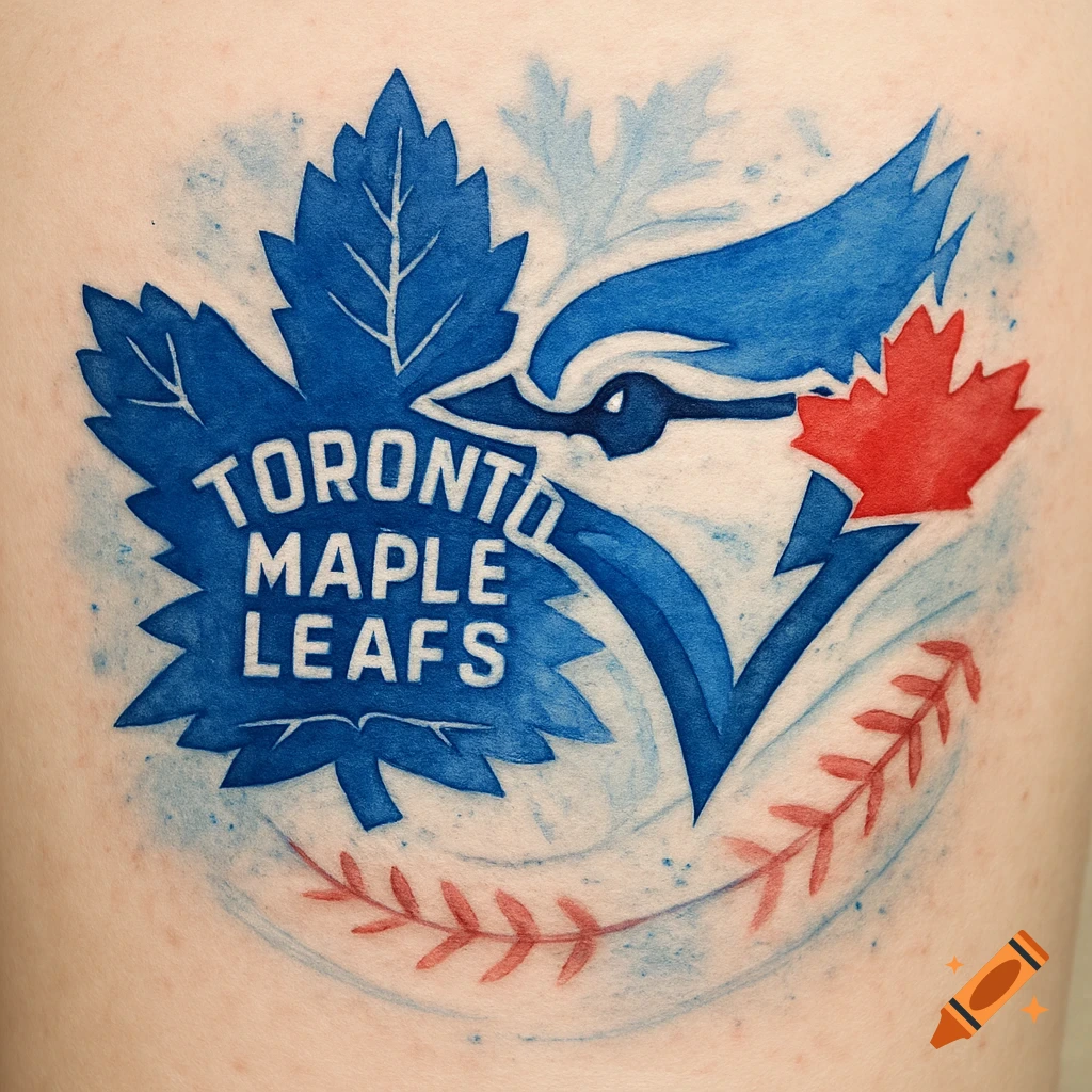 A watercolor-style tattoo combining the Toronto Maple Leafs and Blue Jays logos with baseball stitches, on skin.