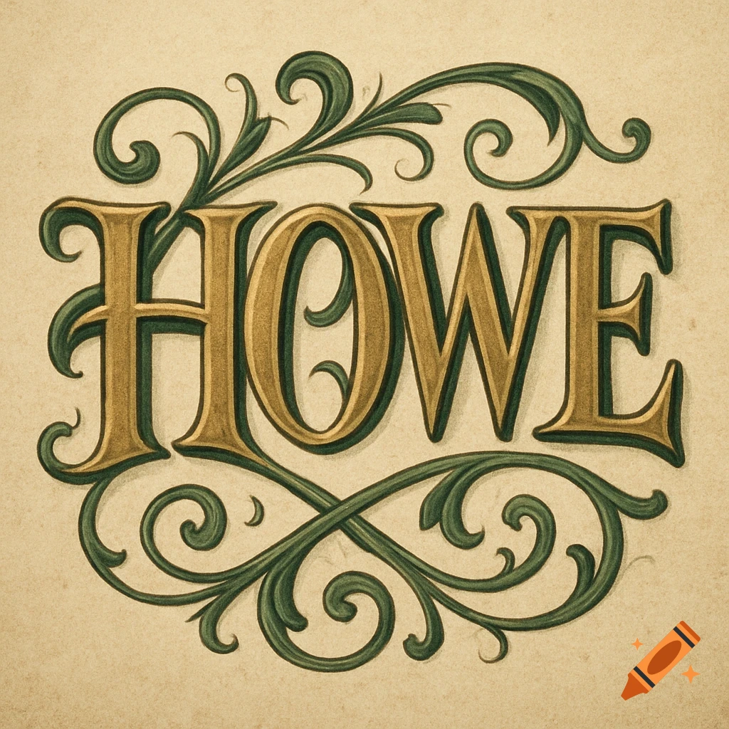 Stylized vintage gold letters HOWE with intricate green filigree on a beige background.