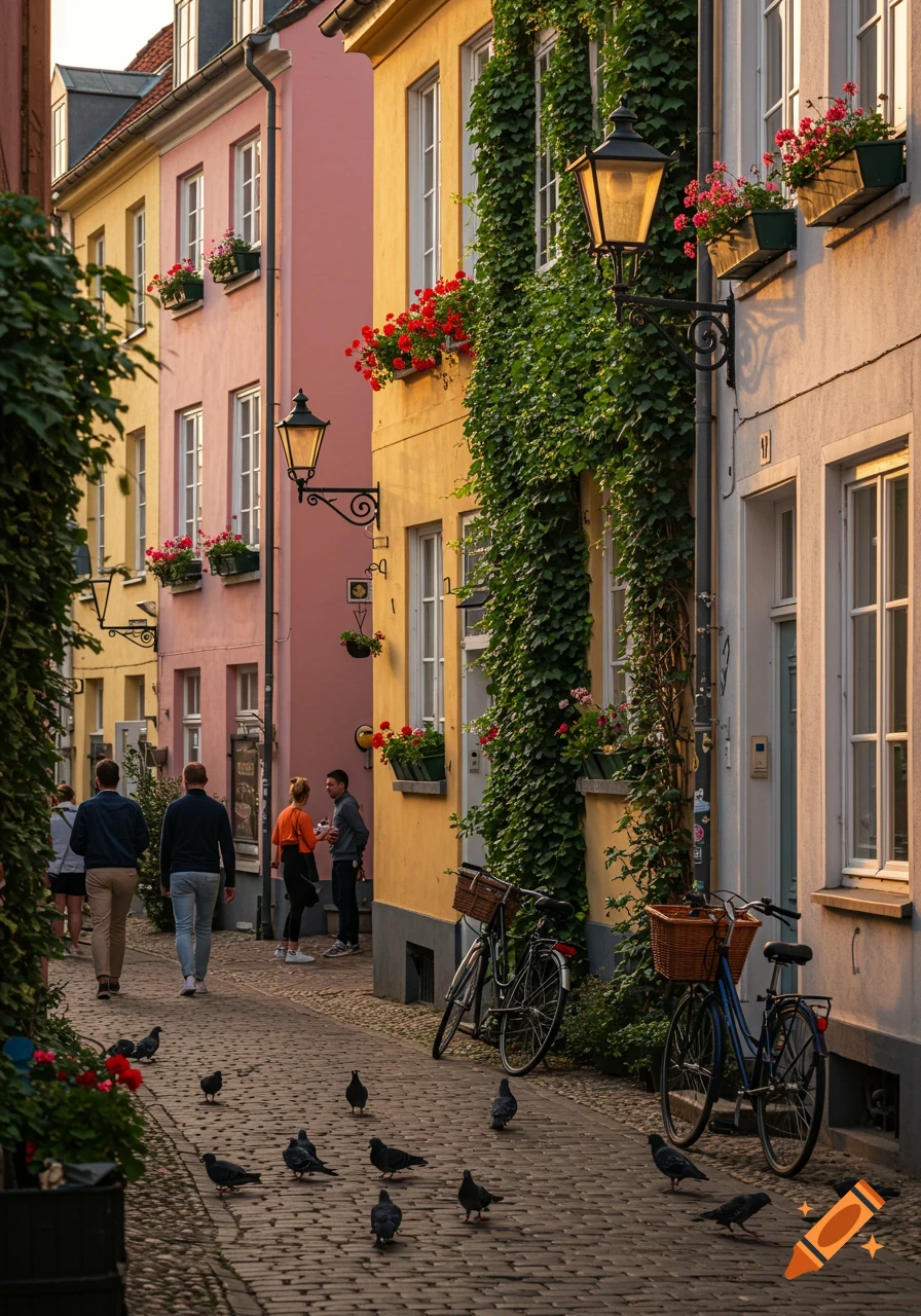 A charming, colorful urban street with people, pigeons, and buildings adorned with vines and flower boxes.