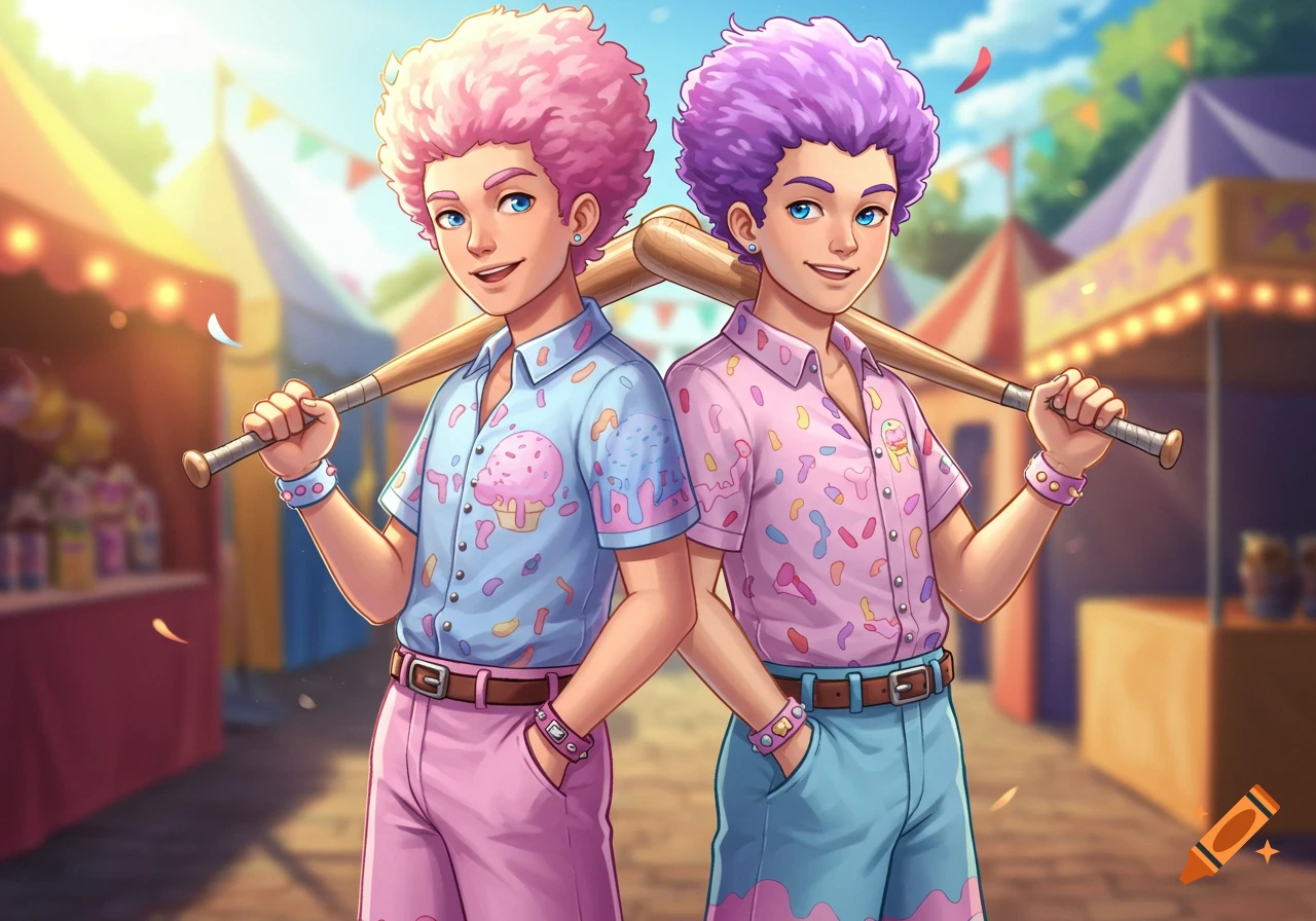 Two boys with fluffy pink and purple hair wearing ice cream themed shirts, holding baseball bats at a sunny carnival.