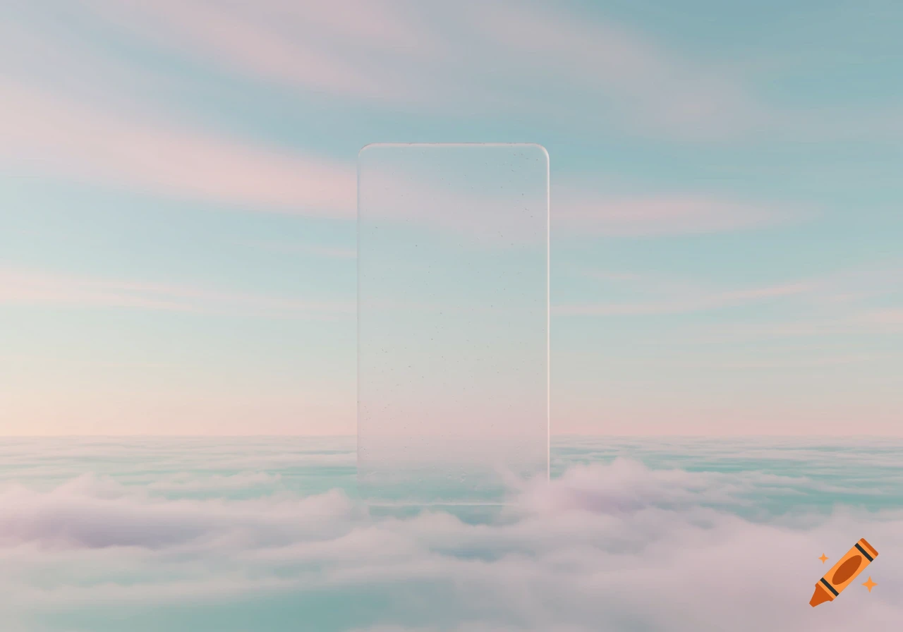 A translucent rectangular object floats above clouds under a pastel sky.
