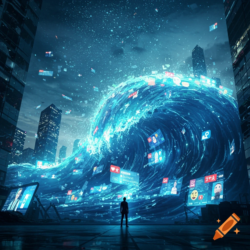A lone figure stands in a futuristic city, looking at a massive blue wave made of social media icons and screens crashing over the buildings.