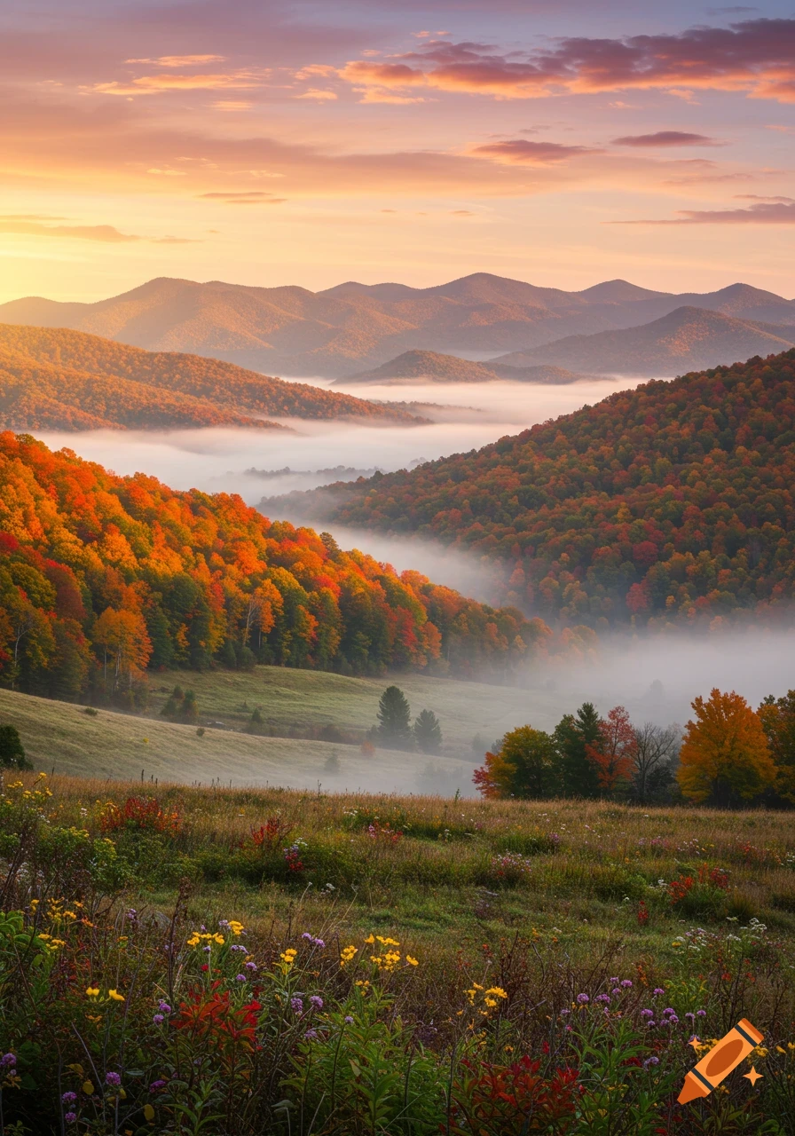 Photorealistic image of Appalachian mountains covered in colorful autumn foliage with valleys filled with morning fog under a vibrant sunrise sky.