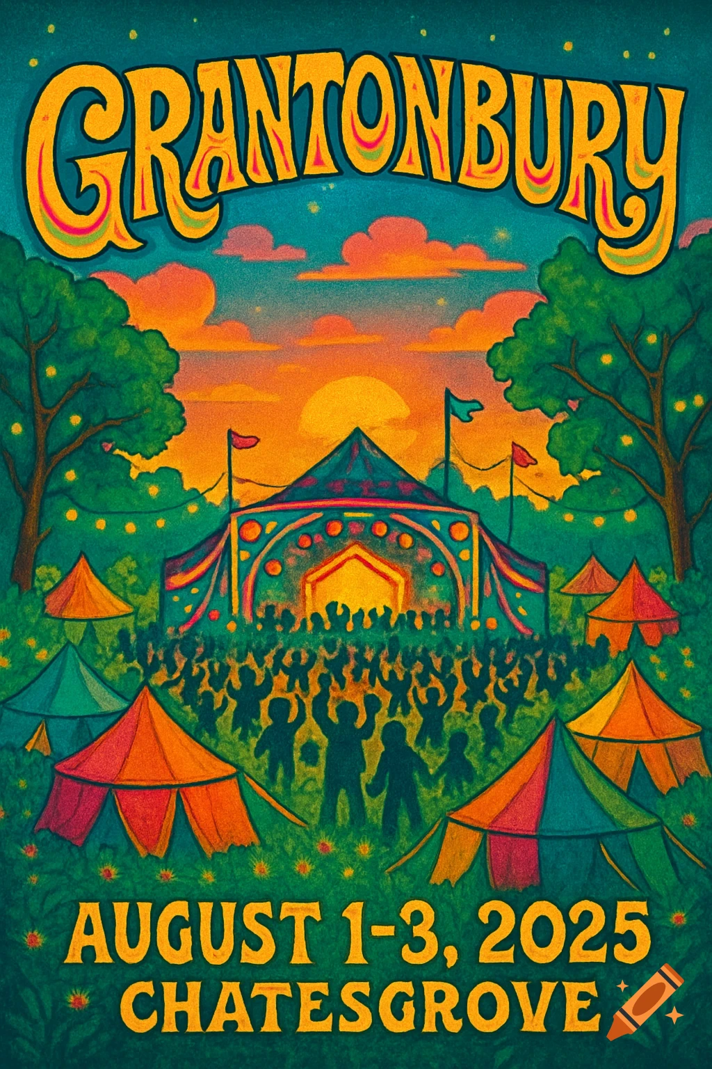 Psychedelic festival poster for Grantonbury, featuring a vibrant concert scene with a stage, crowd, tents, and a sunset, with text for date and location.