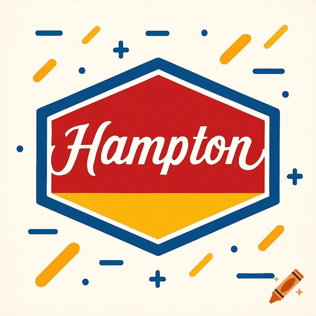 A hexagonal Hampton logo with red and yellow fields, white script text, and a blue border, on a patterned white background.