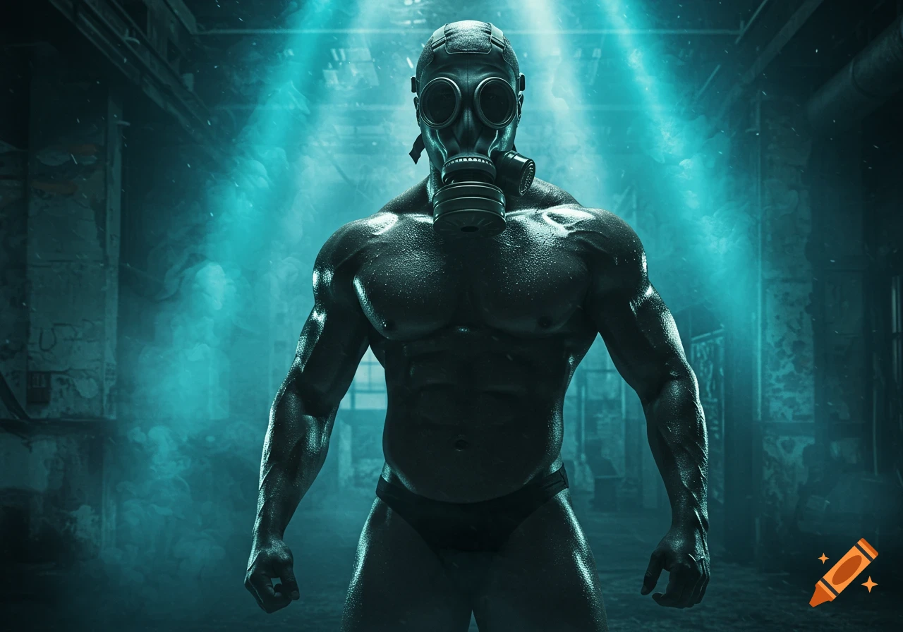 A muscular person wearing a gas mask stands in a dark, misty industrial setting illuminated by blue light.