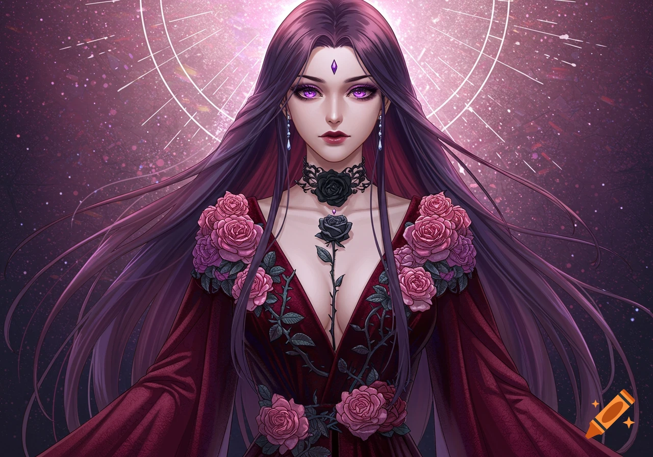 Anime goddess with long purple hair, violet eyes, and a deep red gown adorned with pink and black roses, against a cosmic pink background.