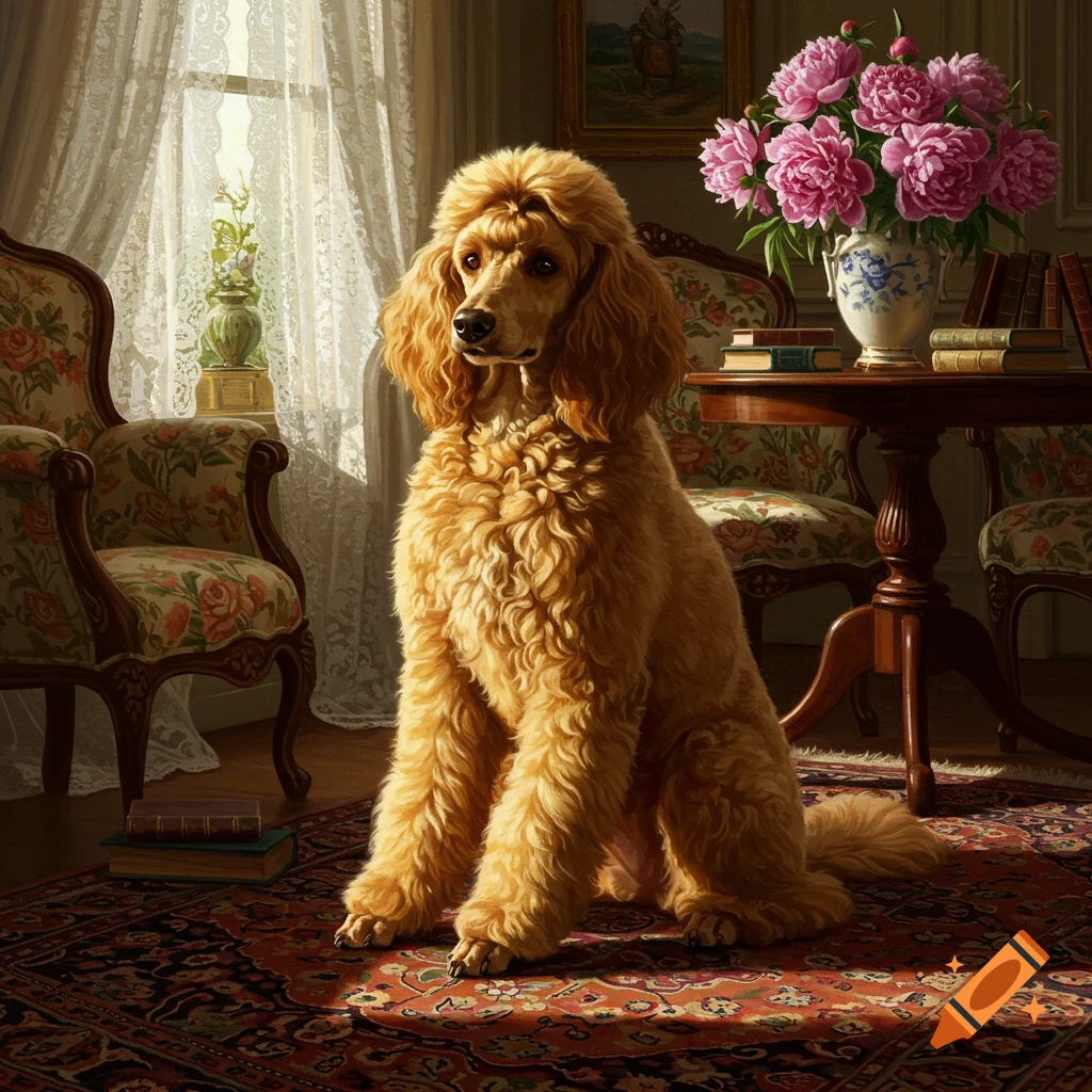 A golden poodle dog sits on a patterned rug in an elegant sunlit room with floral chairs and pink peonies in a vase.