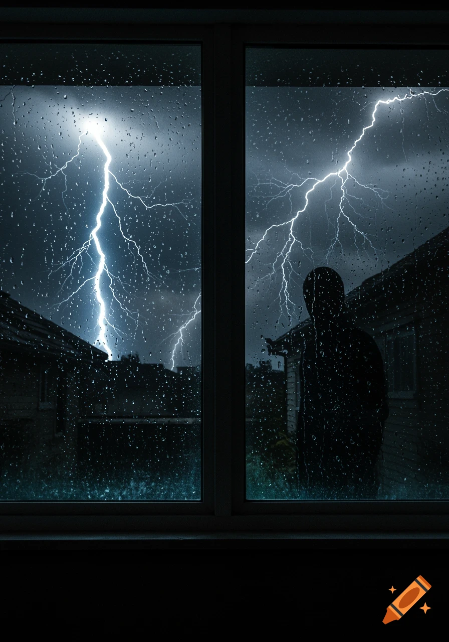 A dark, moody image of a rain-streaked window looking out onto a stormy night with lightning flashes and a silhouetted figure standing outside.