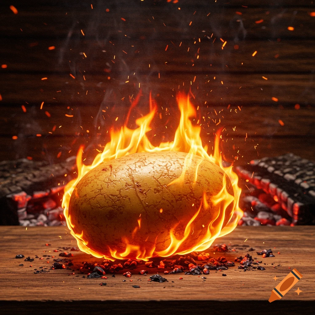 A potato intensely burning with bright flames and embers on a rustic wooden surface.