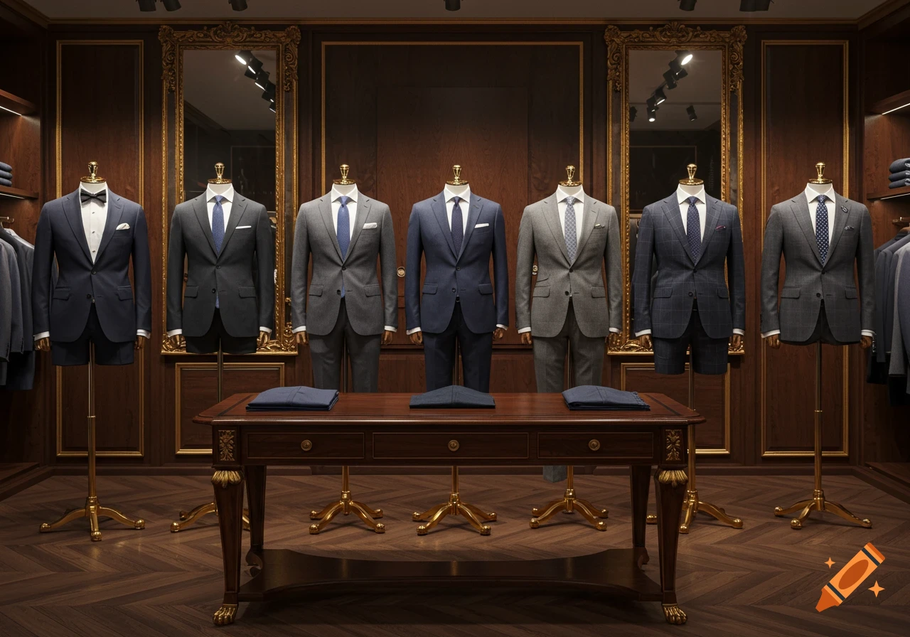 A luxurious tailor's showroom with six mannequins displaying various men's suits, featuring a large wooden table and ornate mirrors.