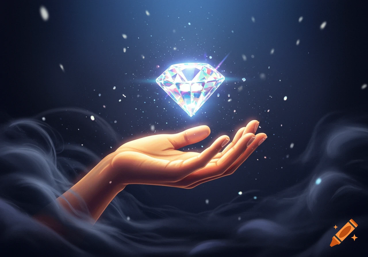 A glowing hand holding a sparkling diamond amidst magical dust and wisps of smoke in a dark, ethereal setting.