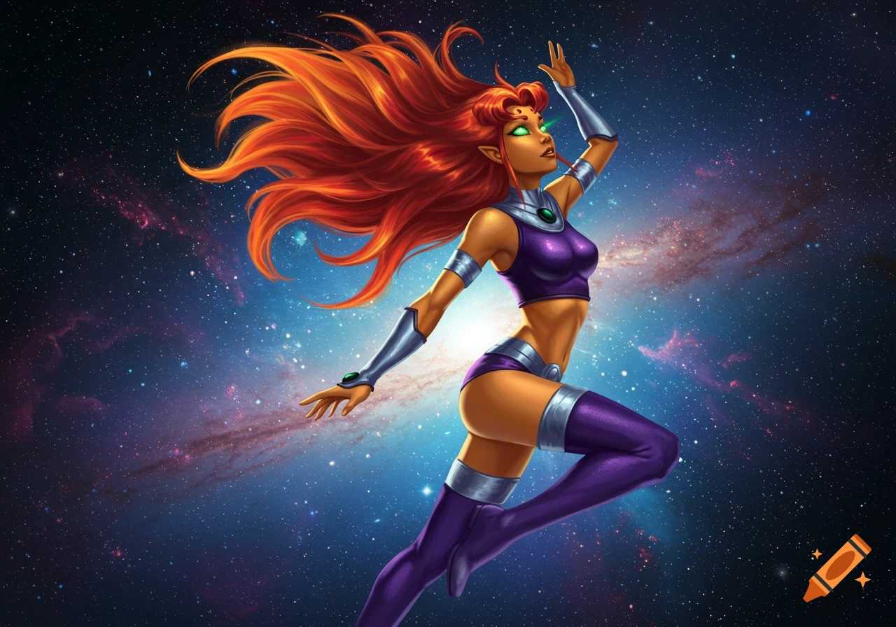 An illustration of Starfire from DC Comics, a woman with long red hair and purple costume, floating against a vibrant starry space background.