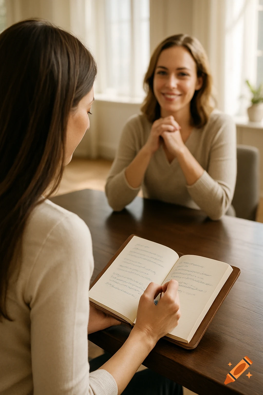 A woman with long brown hair writes notes in a journal. Across the table, a smiling client looks thoughtful.