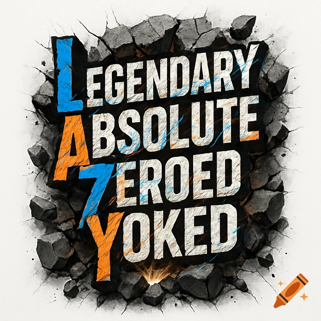 Bold 3D text 'LEGENDARY ABSOLUTE ZEROED YOKED' bursting through crumbling gray rocks, with the first letter of each word in blue or orange, against a white background.