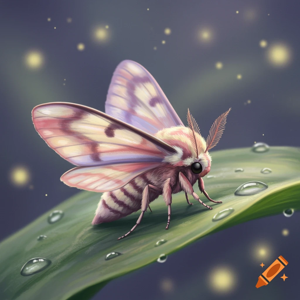 A cute pink and purple moth with a furry body sits on a green leaf with water droplets. Digital illustration.