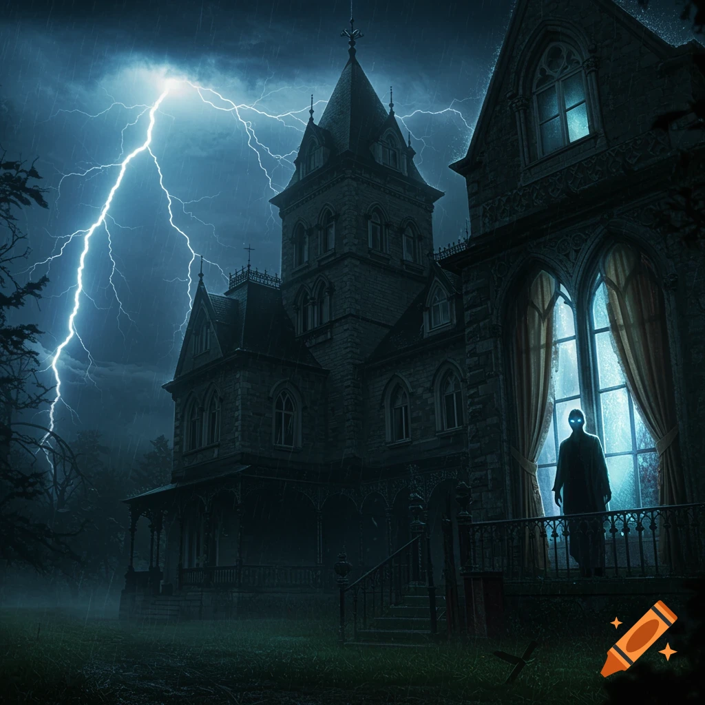 A dark gothic manor under a stormy sky with bright lightning. A shadowy figure with glowing eyes stands on a balcony.