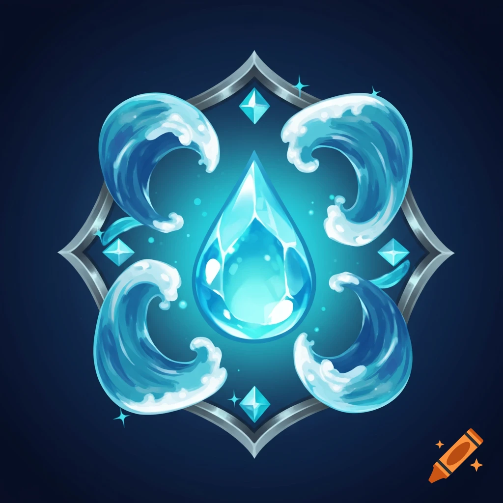 A stylized game icon featuring a glowing blue water crystal surrounded by four stylized blue waves within a silver frame.