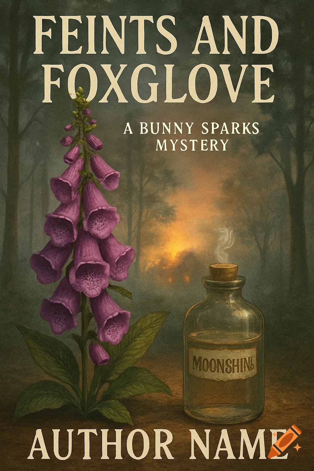 A vintage-style book cover for "Feints and Foxglove" featuring a purple foxglove plant, a moonshine bottle, and a misty forest.