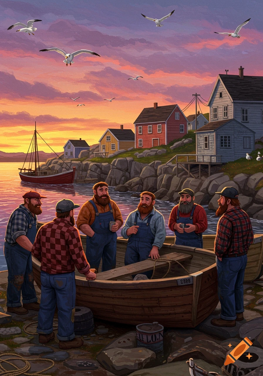 An illustration of six bearded men in a fishing village at sunset, gathered around a small boat on the shore. Seagulls fly overhead, and houses are visible on the rocky coast.