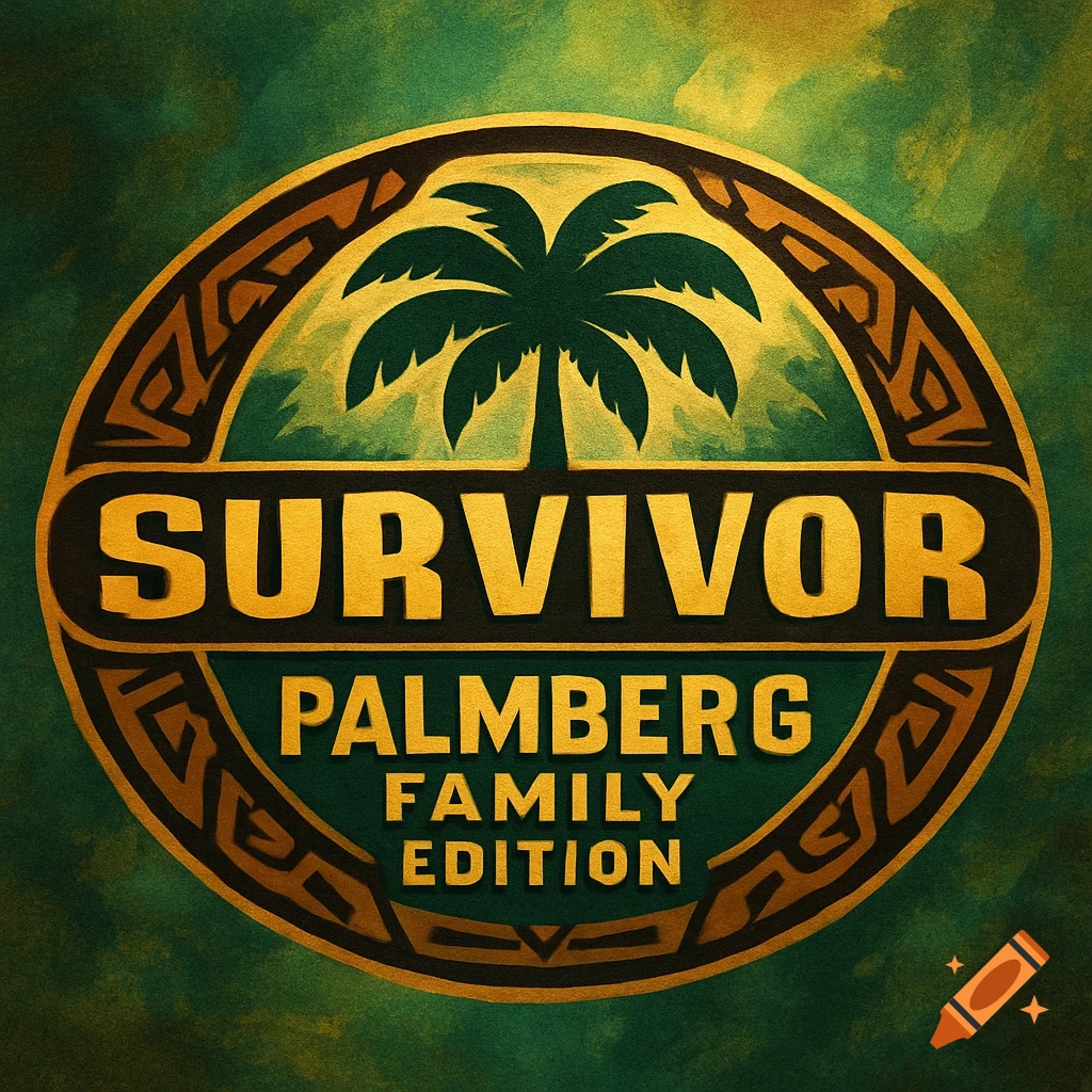 Gold and dark green 'Survivor' style logo with a palm tree, and the words 'SURVIVOR PALMBERG FAMILY EDITION'.