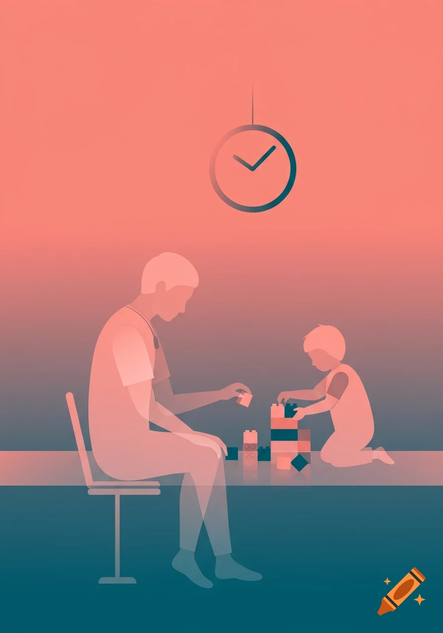 Minimalist 2D illustration of an adult and child playing with building blocks, featuring a coral pink and deep teal-blue gradient with translucent layers.