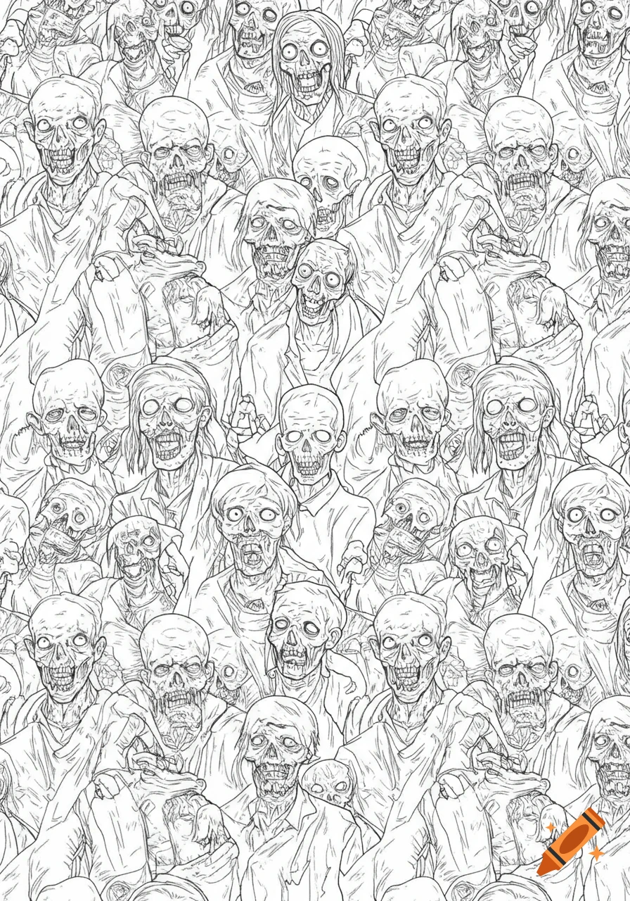 Black and white line art illustration of an overlapping horde of grotesque zombies.