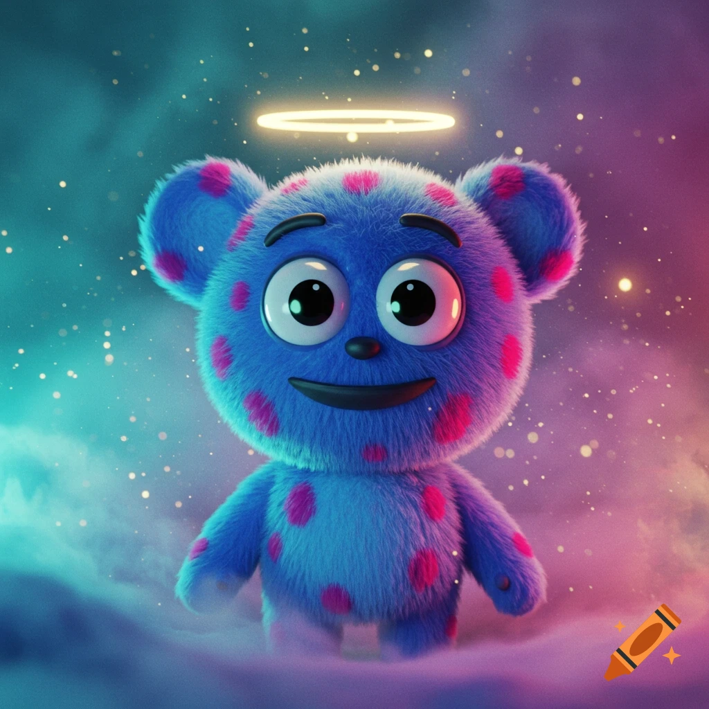A cute, blue, fuzzy monster with pink spots and large eyes has a golden halo above its head, against a mystical blue and pink starry background.