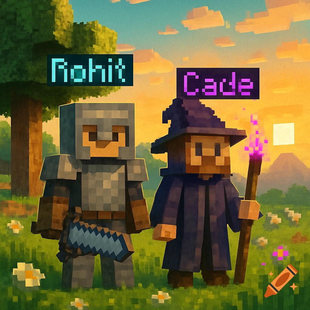 Two pixelated Minecraft characters, a knight and a wizard, stand in a blocky landscape under nametags 'rohit' and 'Cade'.