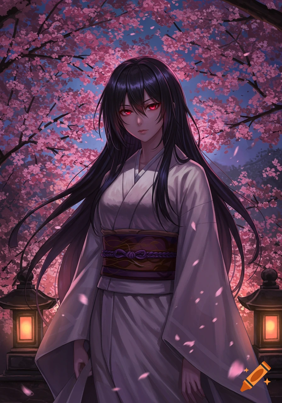 Anime girl with long black hair, red eyes, and white kimono under pink cherry blossom trees at night.