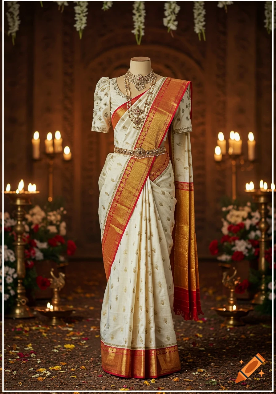 A traditional white and gold saree with red borders draped on a mannequin, surrounded by lit candles and floral arrangements.
