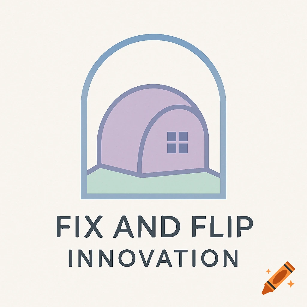 A business logo featuring a simple dome house in pastel purple and green under a blue arch, with the text 'FIX AND FLIP INNOVATION' in dark grey.